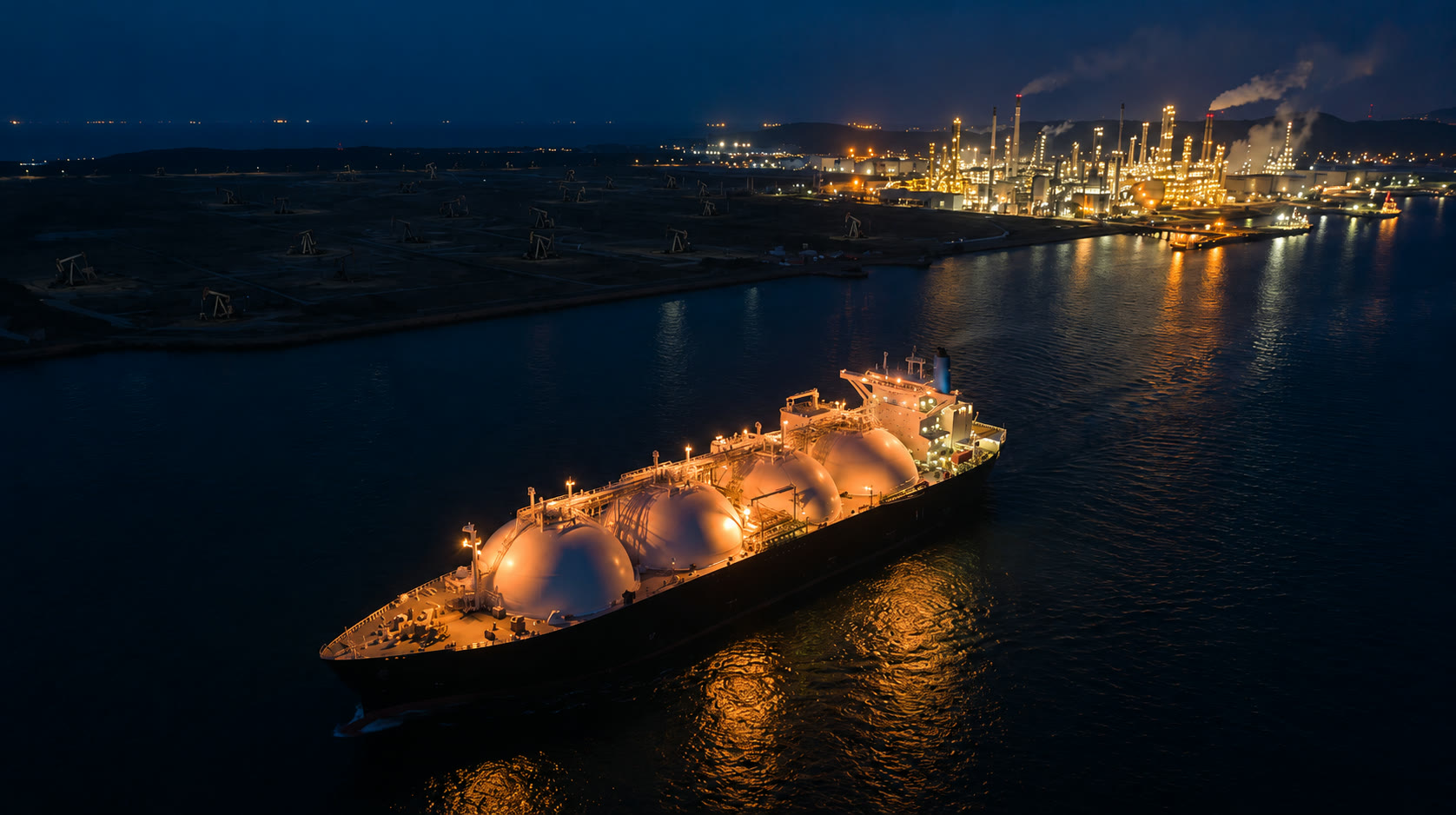 An LNG tanker at a refinery port at night